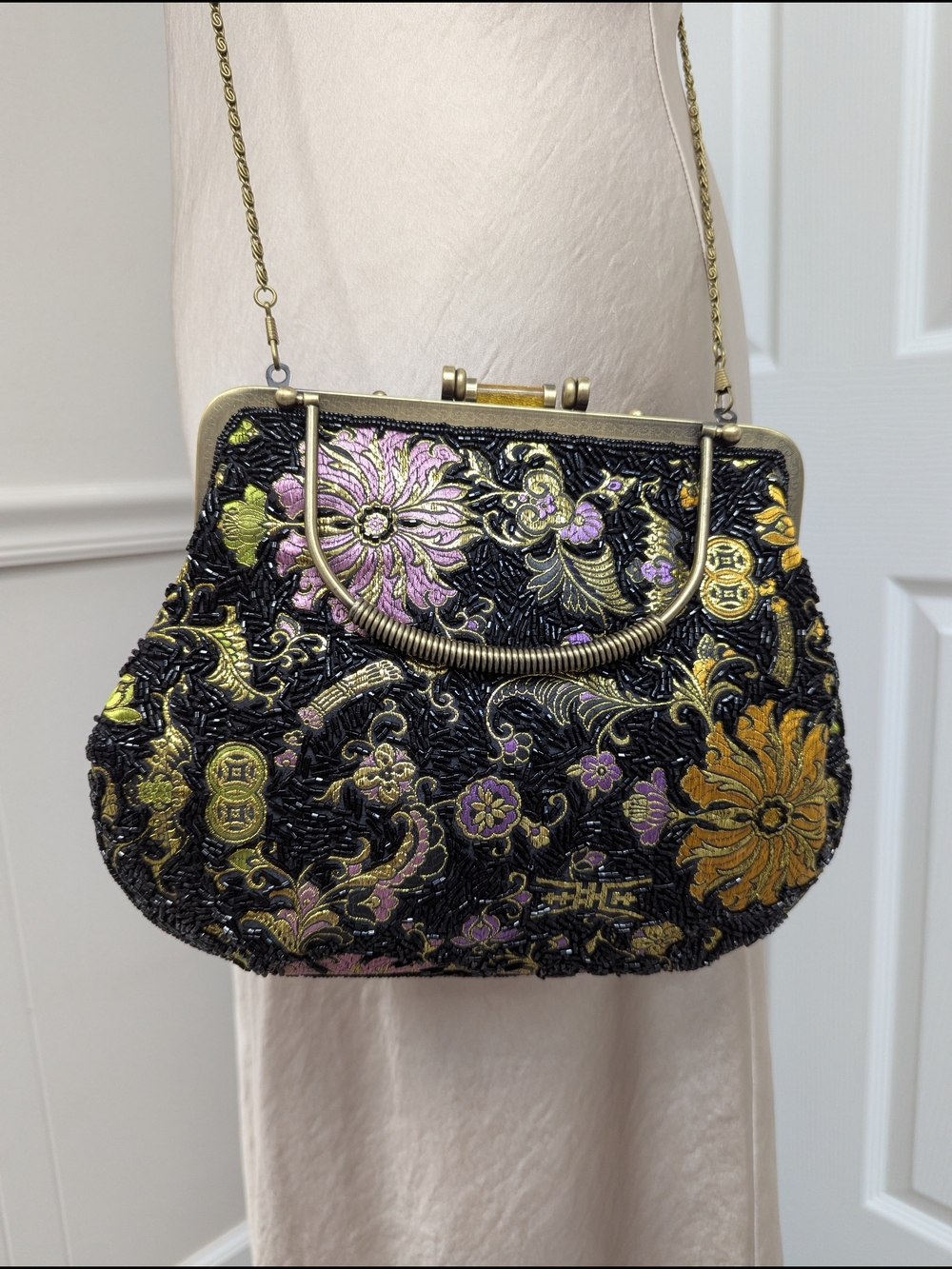 Vice Versa Too Beaded Floral Shoulder Bag in Black, Gold & Purple